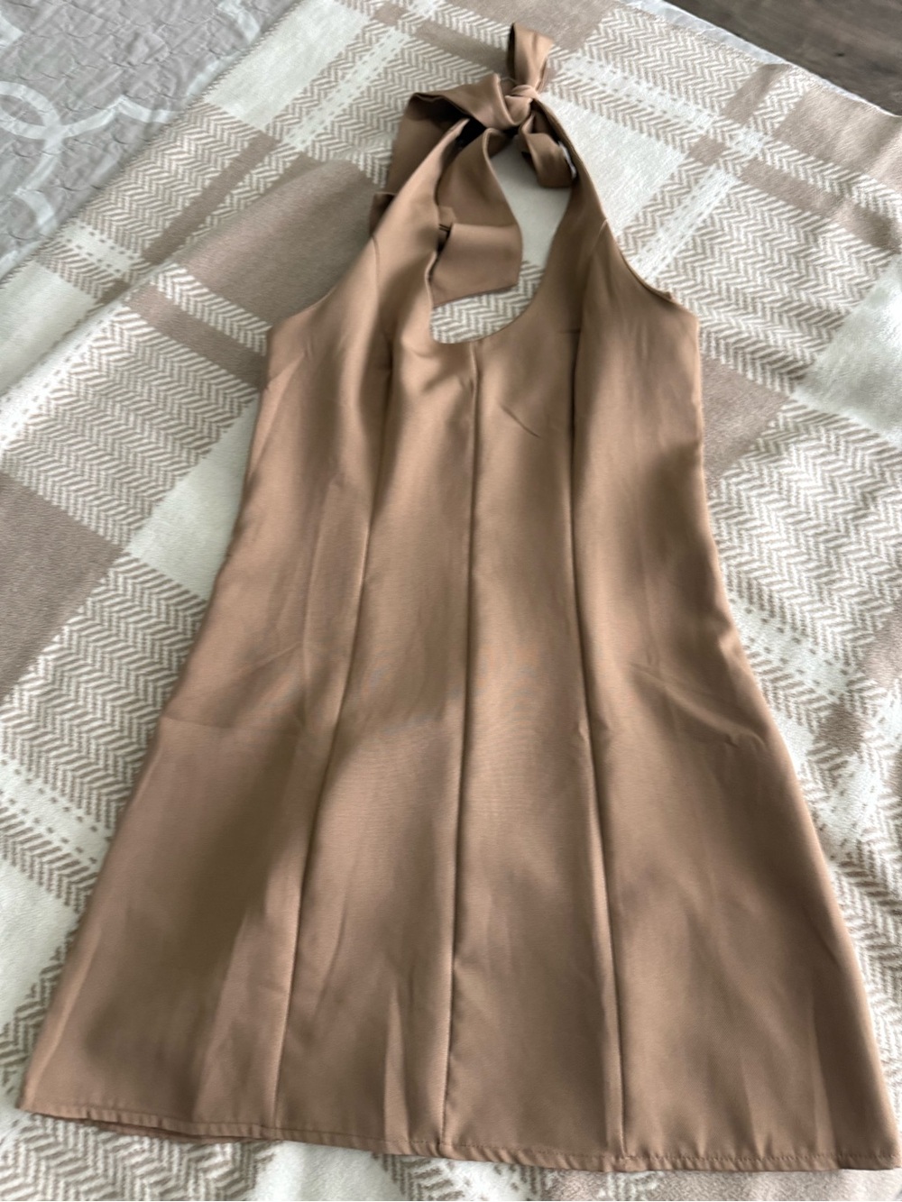 SHEIN Tan Halter Tie-Neck Mini Dress